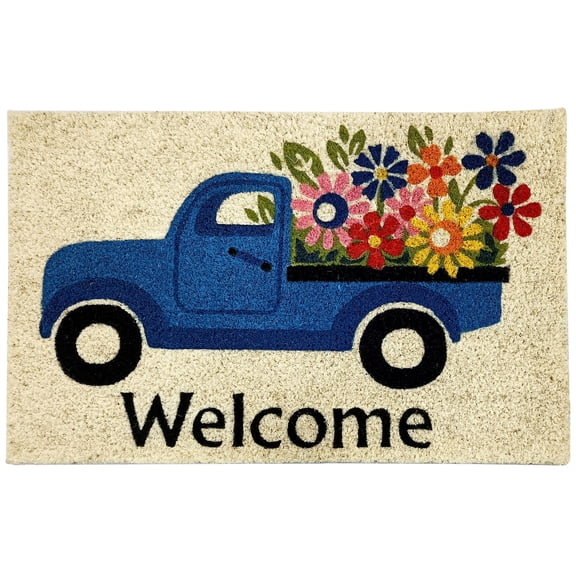 Kashi Home Printed Coir Fiber 18x28 Non-Slip Doormat, Durable Outdoor / Indoor Rug, Entryway, Front Door, Porch, Patio, Welcome Mat, Hello Spring, Floral Americana Design Decor (Welcome Flower Truck)