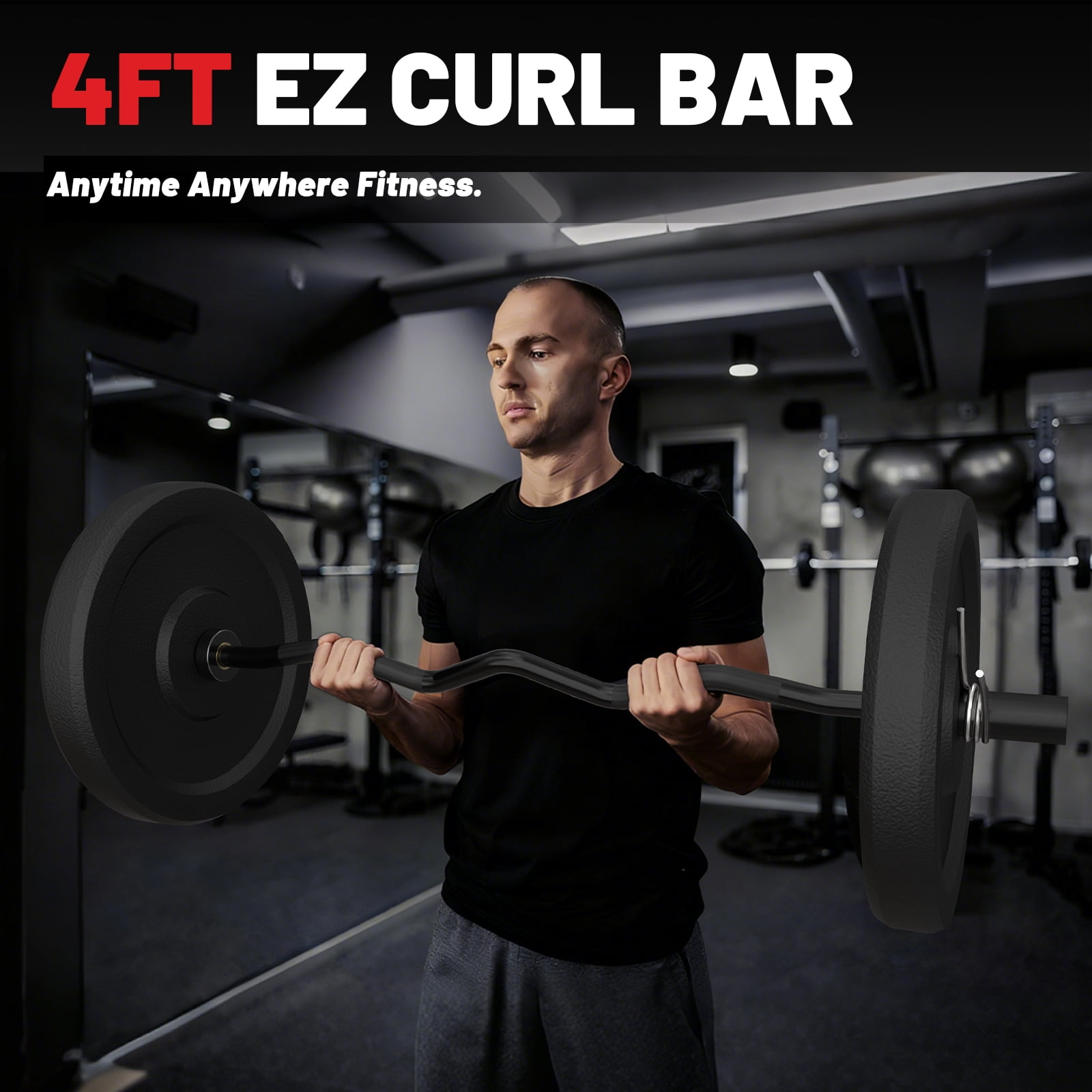 ROALW EZ Curl Bar, 47-Inch Olympic Barbell for Bicep & Tricep Workouts - 500 LB Capacity, Compatible with 2-Inch Weight Plates, Ideal for Home Gym Strength Training, Black