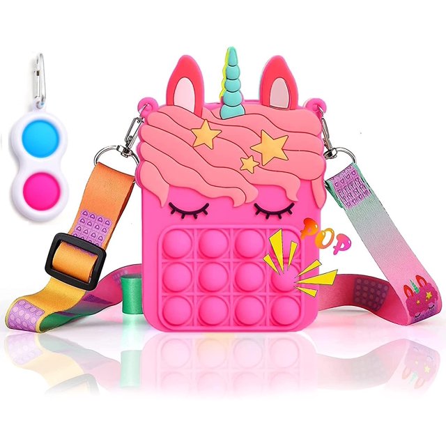 Monedero Pop Unicorn para niñas, regalo de Navidad de moda, juguetes Fidget, juguete de burbujas de empuje, billetera, bolso de mujer, bandolera con hoyuelos de sílice, Bagrose roj