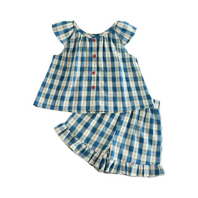 Two Piece Set for Kids – Checkered Short Sleeve Cardigan with Flying Sleeves and Matching Shorts, Light Blue, Size 80