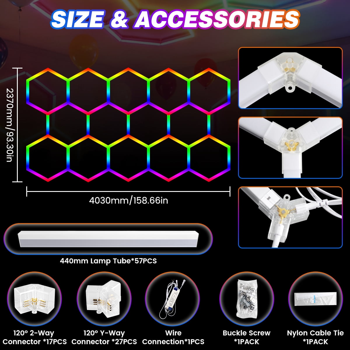 14 Grid RGB Hexagon Lights, DIY 47Pcs Garage LED Panel Light, 356 Color Modes | Music Sync | Smart App & Remote Control LED Ceiling Lights for Gym Bar Gaming Room Garage Lighting Basement Decor