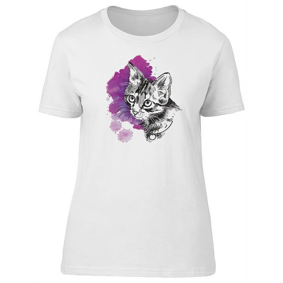 Watercolor & Cute Kitten Sketch T-Shirt Women -Image by Shutterstock, Female XX-Large