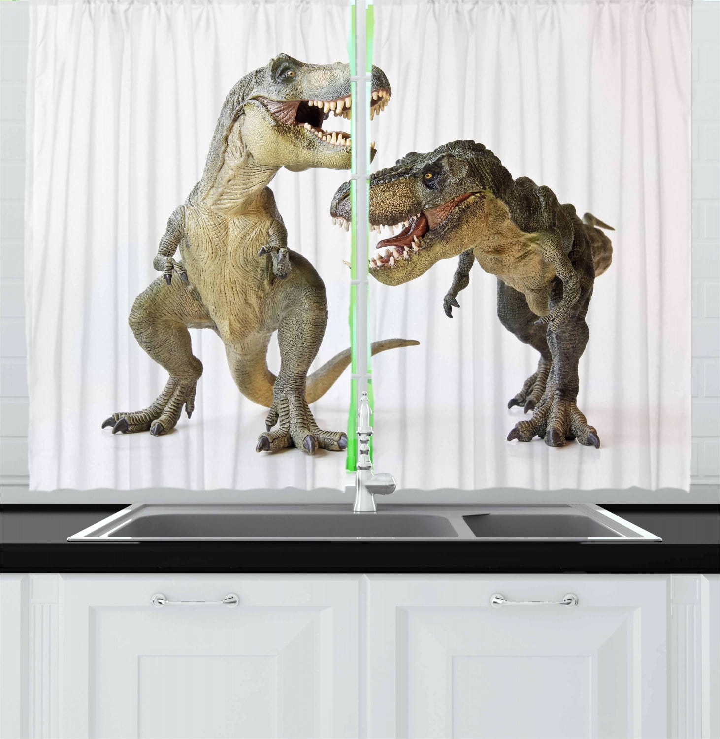 Dinosaur Curtains 2 Panels Set, Tyrannosaurus Rex Pair Facing Off Ferocious Creatures Prehistoric Predators, Window Drapes for Living Room Bedroom, 55W X 39L Inches, Ivory Brown Grey, by Ambesonne