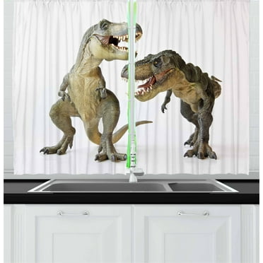 Dinosaur Curtains 2 Panels Set, Tyrannosaurus Rex Pair Facing Off Ferocious Creatures Prehistoric Predators, Window Drapes for Living Room Bedroom, 55W X 39L Inches, Ivory Brown Grey, by Ambesonne