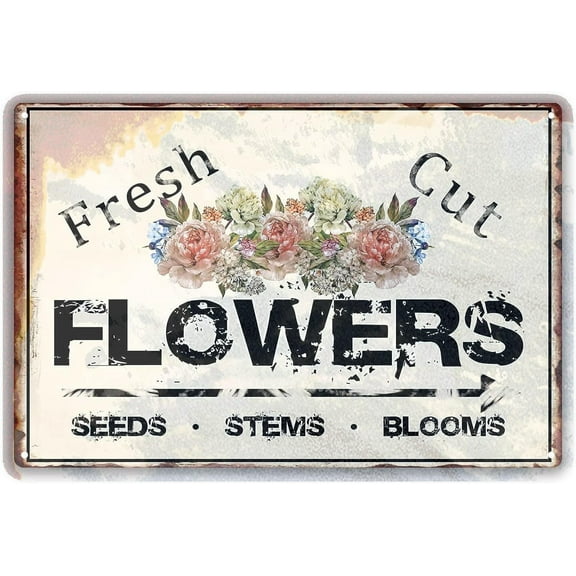 Tin Signs Fresh Cut Flowers Sign, Flowers Market Vintage Sign, Retro Wall Plaque Wall Decor Metal Sign for Farmhouse Garden Outdoor Indoor Decoration, 8x12 Inch