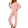 thumbnail image 3 of Zynoxe 2 Piece Pajama Set for Women Classic Crew Neck Long Sleeve Top Straight Leg Long Pants Suit Casual Solid Color Women Pajama Sets Fashion Heart Jacquard Fleece Sleepwear Set, 3 of 9