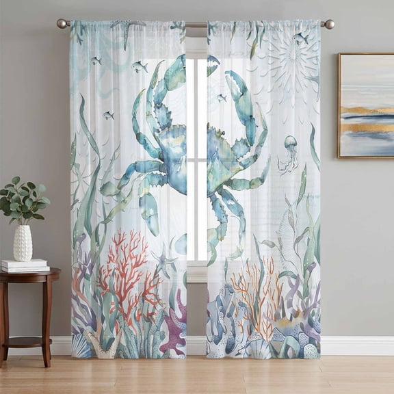 Turquoise Carbs Coastal Sheer Curtains 96 Inch Length 2 Panels Set Window Treatments, Nautical Summer Beach Coral Jellyfish Rod Pocket Semi Curtains for Living Room/Bedroom/Kitchen, 104"W x 96"L