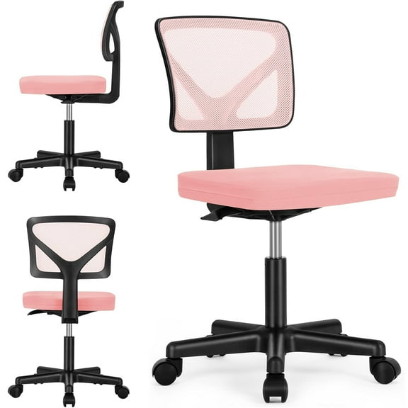 Armless Mesh Office Chair, Ergonomic Low-Back Swivel Desk Chair with Wheels and Lumbar Support, Height Adjustable, Pink