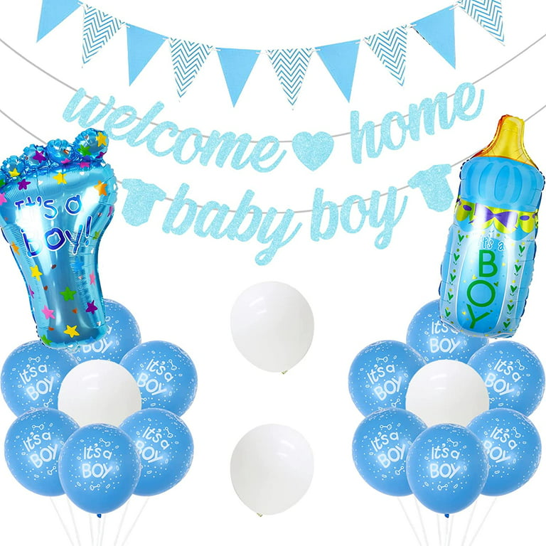 Welcome Home Baby Shower Decorations Boy, Blue Gender Reveal Decoration  with Glitter Banner/Baby Bottle, Foot-shaped Foil Balloons, for Newborn  Baby Boy Welcome Party, Christening Party 