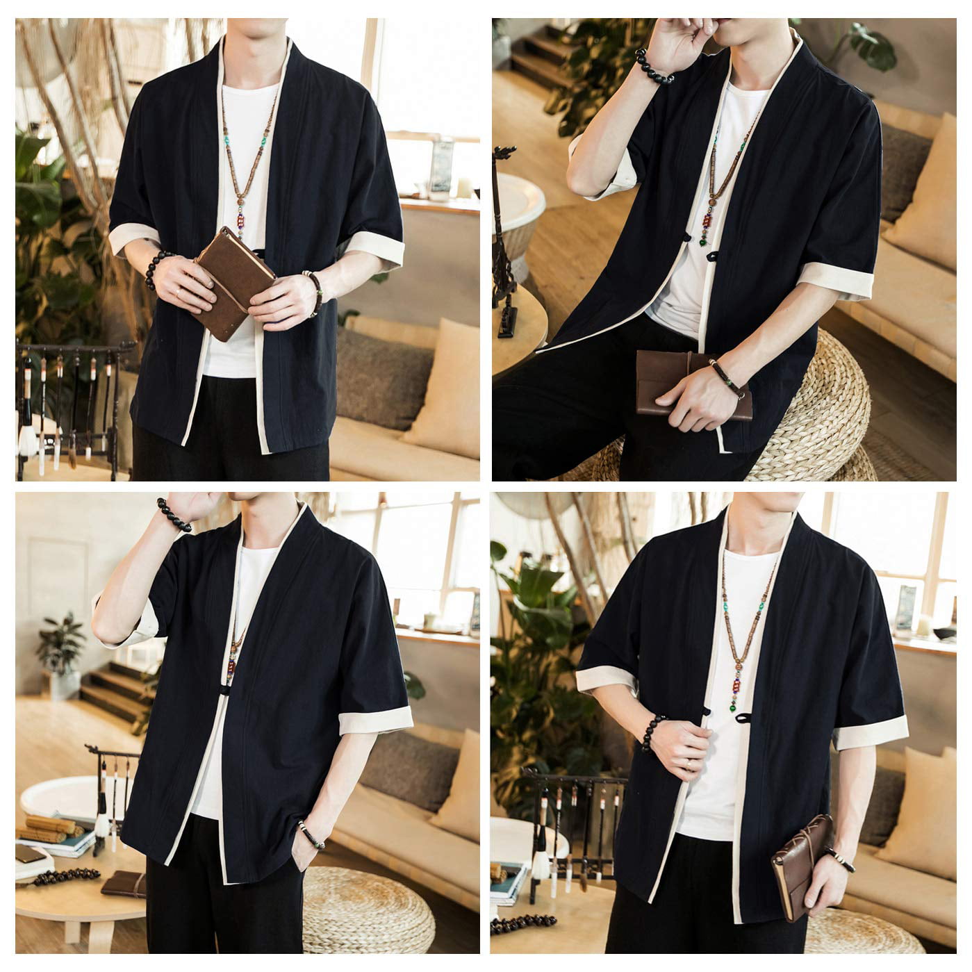 Black HAORUN Men Japanese Short Sleeve Kimono Cardigan Yukat Coat Loose Cardigan Jacket