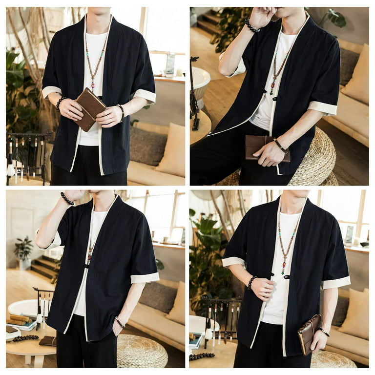 Men Striped Kimono Cardigan Japanese Open Front Jacket Loose Coat Outwear  Casual