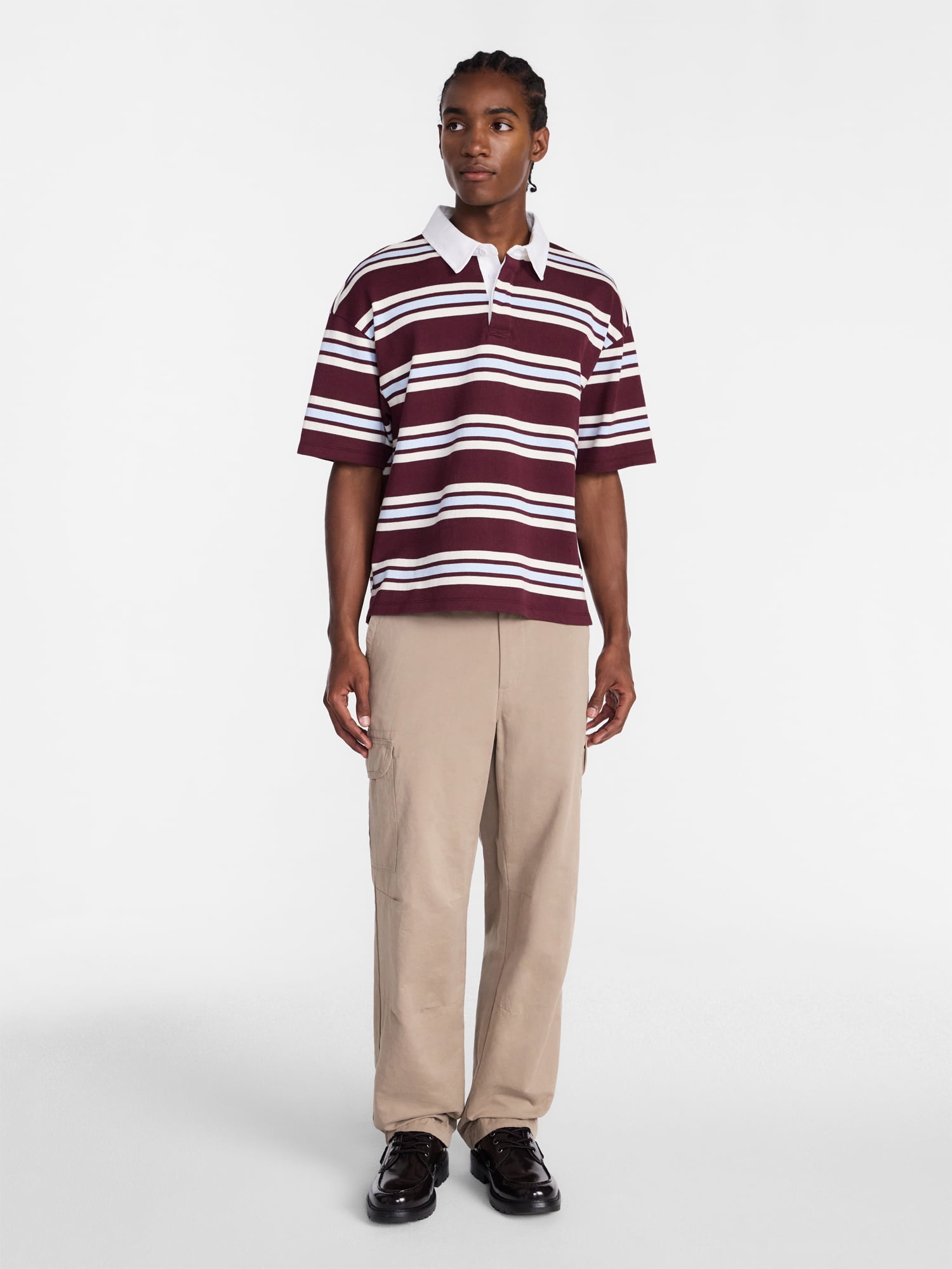 No Boundaries Striped Rugby Shirt with Short Sleeves, Men's XS-4XLT