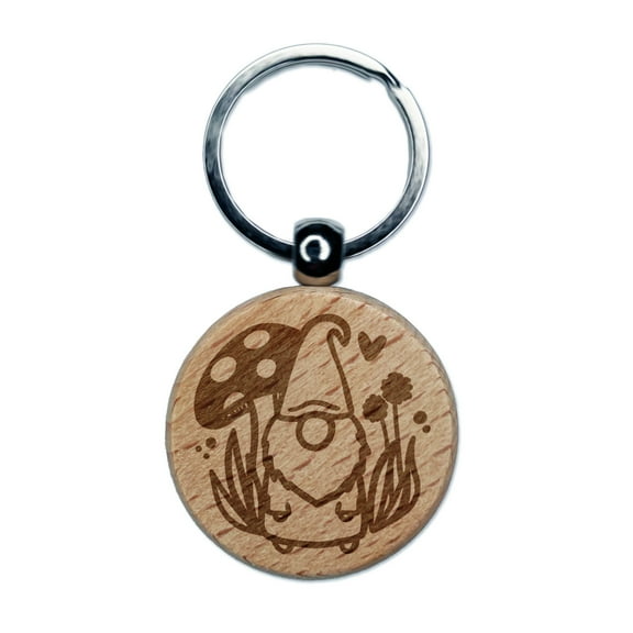 Enchanting Lovable Garden Gnome with Mushrooms Round Keychain Charm Tag - Engraved Wood