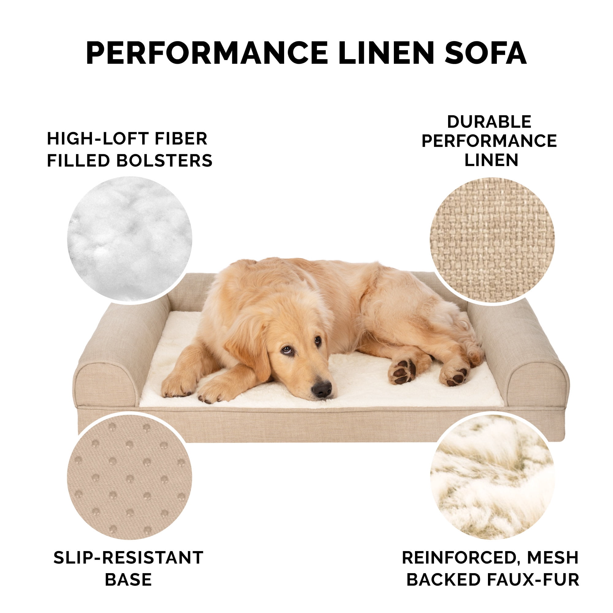 FurHaven Plush & Performance Linen Orthopedic Sofa Pet Bed for Dogs & Cats - Flax, Large