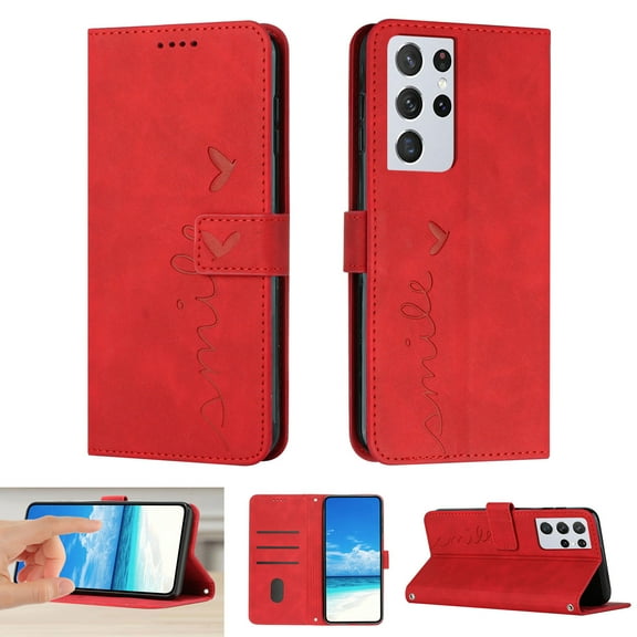 Dteck Wallet Case For Samsung S21 Ultra, Embossed Pattern PU Leather Cover with Credit Card Holder, Magnetic Clasps Kickstand Flip Wrist Strap Cover for Samsung Galaxy S21 Ultra,Red
