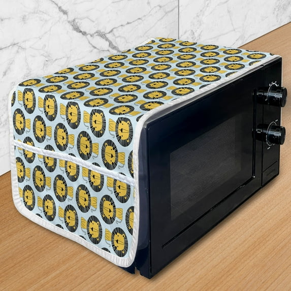 Cartoon Microwave Oven Cover, Animals Illustration Themed Lions Motifs Along Circular Mane, Water Resistant Organizer with Pockets for Kitchen, 36" x 12", Pale Blue Orange, by Ambesonne