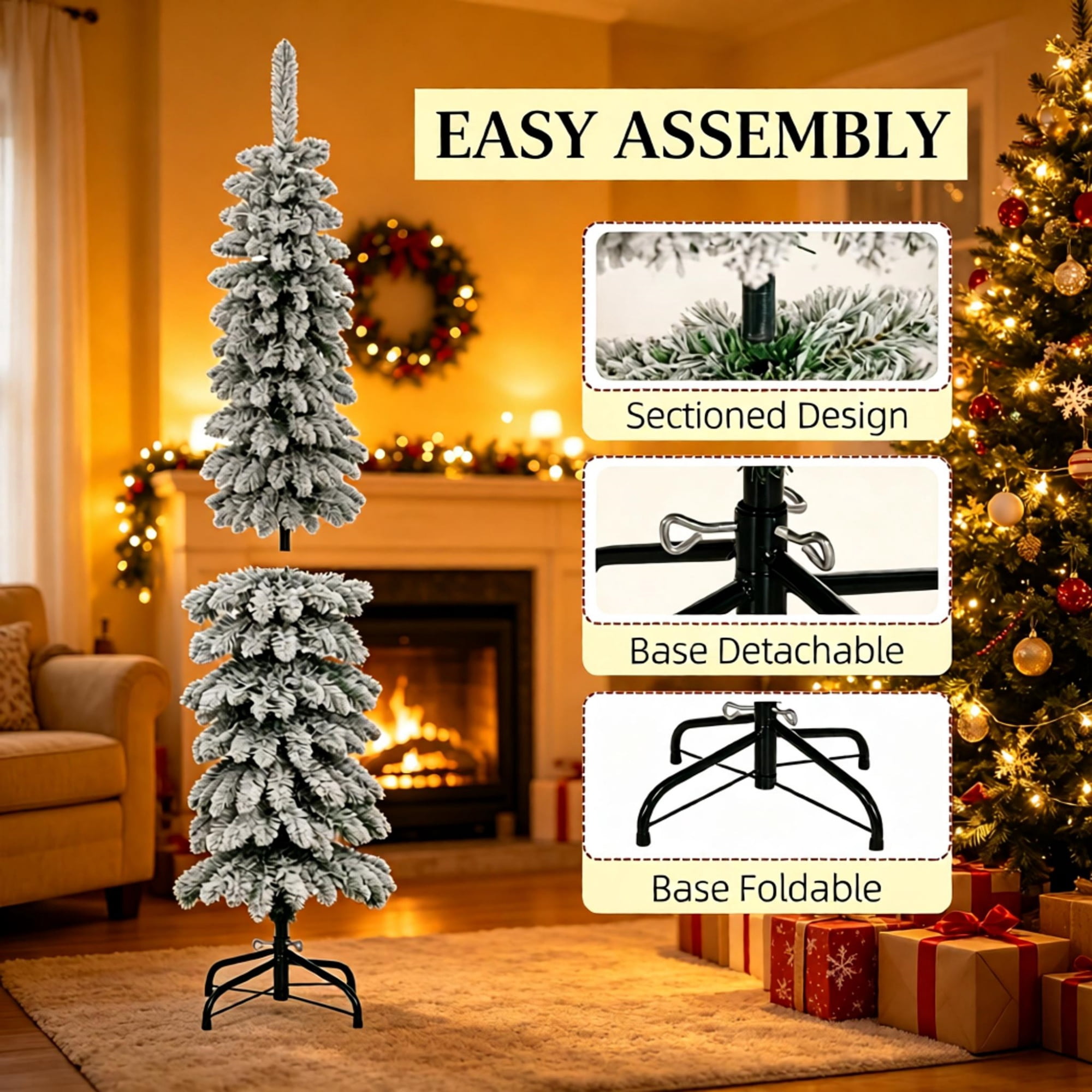 Astoutdoor 5 ft Slim Pencil Artificial Christmas Tree, Snow-Flocked, 301 Branch Tips, Green, Indoor Use