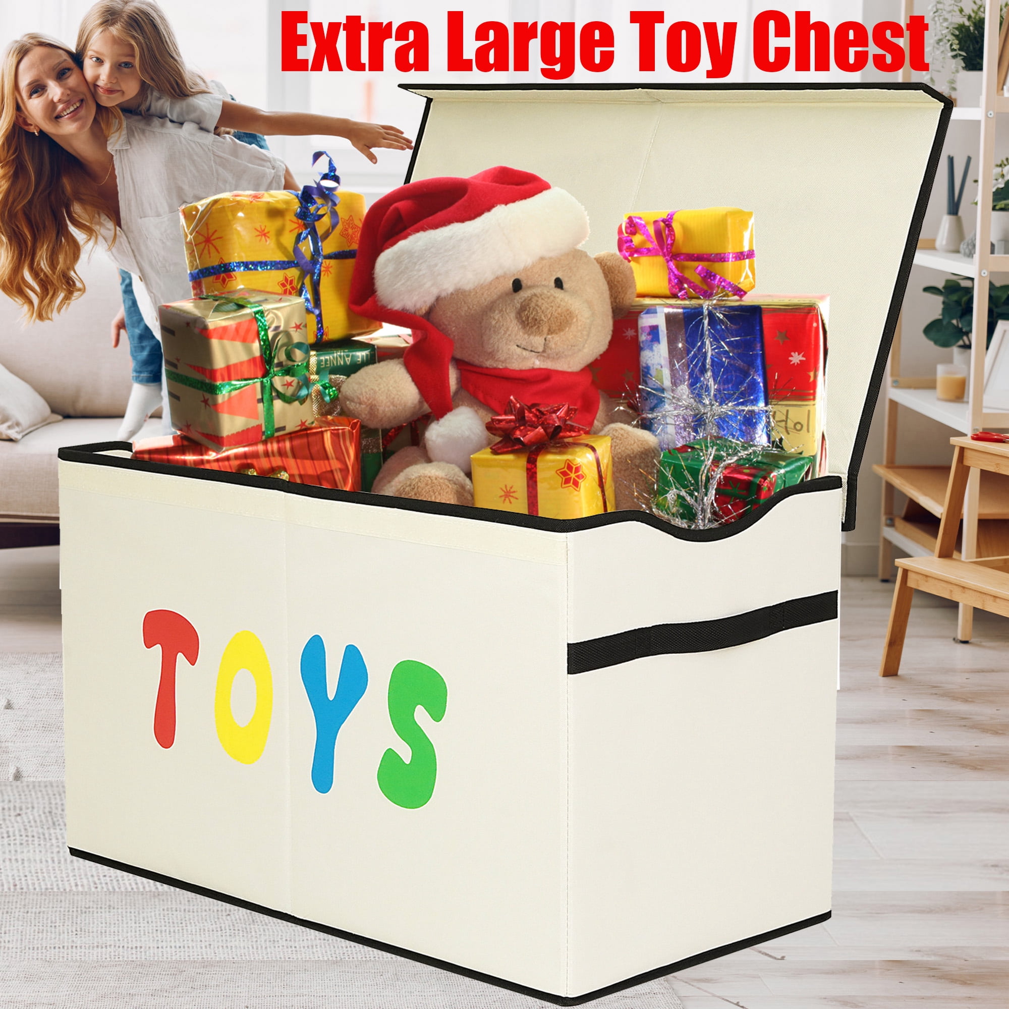 VICTORICH Extra Large Child Collapsible Toy Storage Fabric 32 gal Kids Room Toy Chest with Lid, Beige