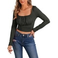 thumbnail image 1 of INSPIRAR CHIC Blusa Casual de Cuello Cuadrado con Fruncidos de Manga Larga Ajustada y Cortada en Color Negro Talla L, 1 of 5