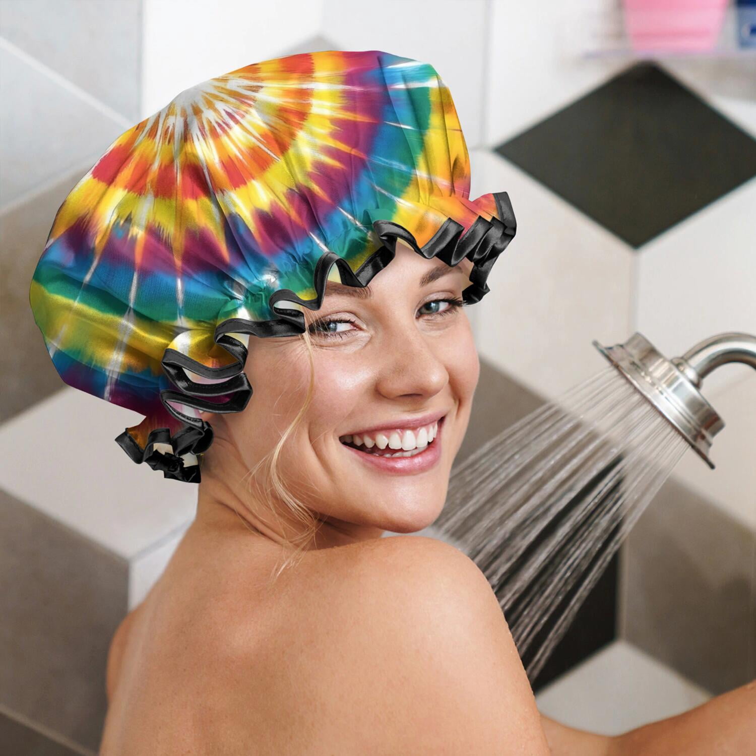 Shower Caps,Tie Dye Color Burst Pattern Waterproof Shower Cap for Women 4 Pieces,Double Reusable Hair Cover for Shower PEVA Elastic Stretch Hem