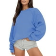 thumbnail image 2 of ATOYSOY Women's Solid Color Pullover Workout Retro Loose Sweaters Long Sleeve Tops Fall Winter Fashion Crew Neck Blouses Outwear Casual Sweatshirts Blue L, 2 of 5