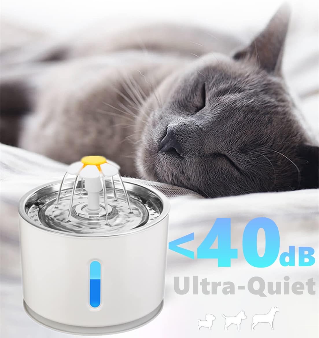 Pet Fountain, Stainless Steel 81oz/2.4L Automatic Cat Water Fountain Dog Water Dispenser with Filters, Silicone Mat, Bowls, Pet Bell