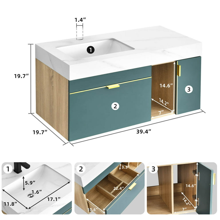 Bathroom Vanity Unit Oak Cabinet Wash Stand Cream Marble Top & Ceramic Basin