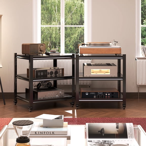 3 Tier Record Player Stand with Storage,Media Stand with Height Adjustable Metal Shelves,Heavy Duty Media Shelf for DVD AV,23.62"*21.26"*18.9"