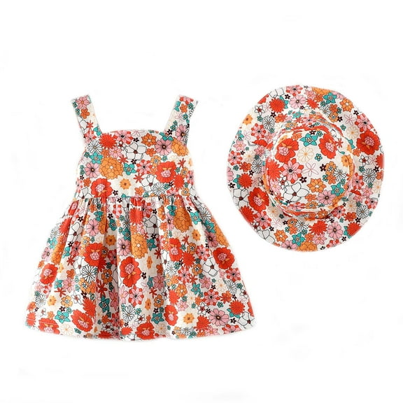 KIMI BEAR 2T Toddler Girls Summer Dress 3T Toddler Girls Halter Backless Sleeveless Flower Sundress Bowknot One-piece Dress with Hat Orange