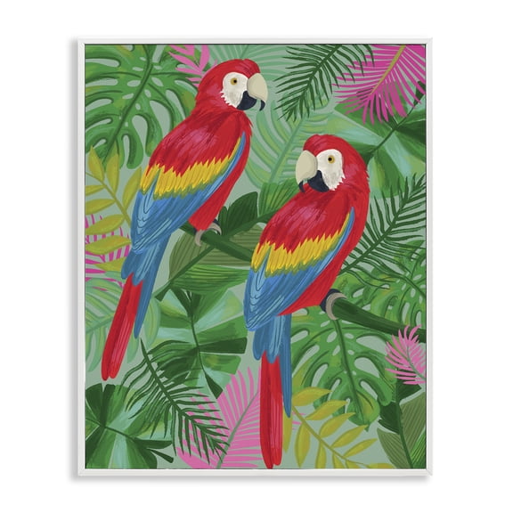 Stupell Industries Pink Paradise Parrots Animals Painting White Framed Art Print Wall Art, 16 x 20
