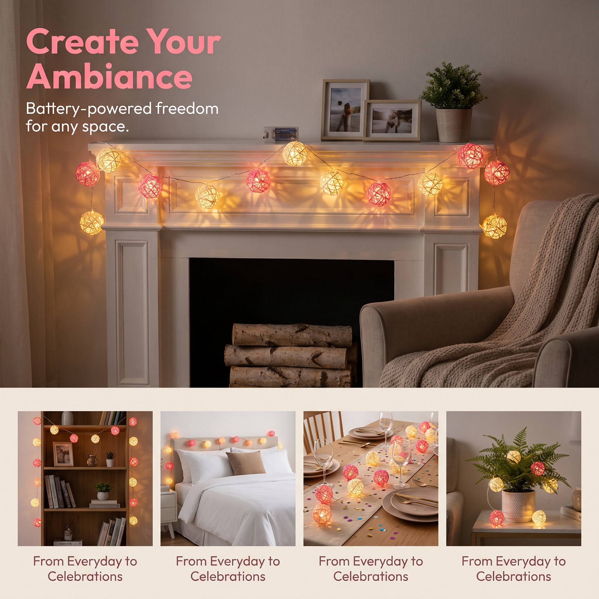 Unique Bargains Lights for Home Use with Flexible Design 6.6 ft Pink Battery Operated