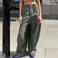 thumbnail image 2 of Fgnfyis Women's Casual Mid Waist Cargo Jeans Stretch Wide Leg Denim Pants with Pockets Banana Pants for Women with Drawstring Design Green S, 2 of 9