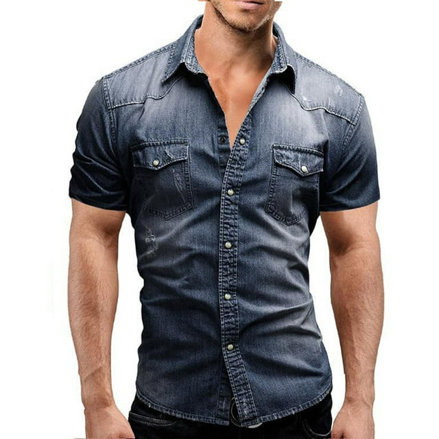 Minnieouse Camisa vaquera fina de verano para hombre, bolsillos, pantalones vaqueros elásticos ligeros ajustados, camiseta vaquera de manga corta Type3 NO3