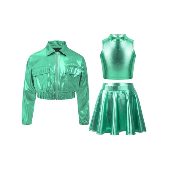 TTAO Kids Girls Shiny Bomber Jacket Crop Tops with Skirt Set 3 Piece Metallic Streetwear Jazz Hip Hop Dance Outfits Light Green 12