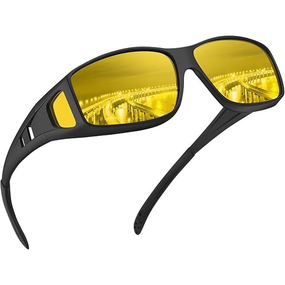Vensio -Polarized Night Driving Glasses with HD Night Vision Lenses, Fit Over Prescription Glasses Sunglasses for Men, TR90 Lightweight Wrap-Around Frame, Black