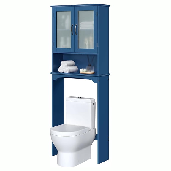 Over The Toilet Storage Cabinet, Free Standing Toilet Rack with Adjustable Shelves and Tempered Glass Doors for Bathroom Washroom, Navy Blue