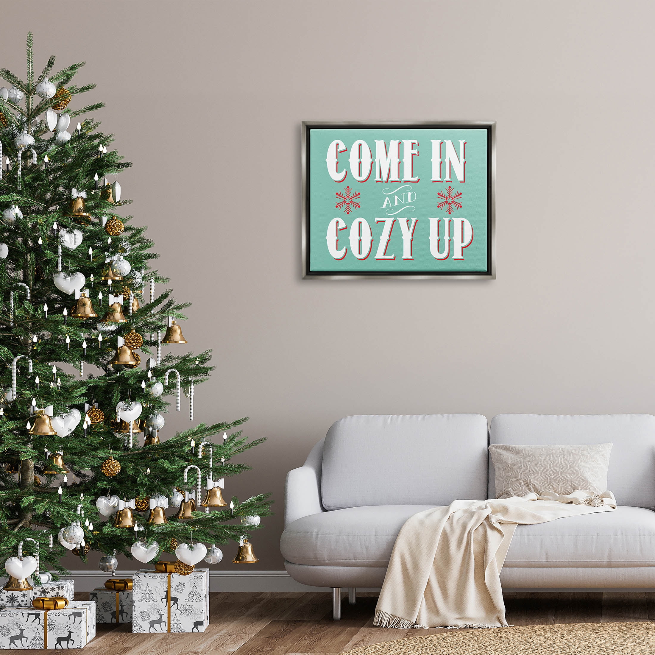 Come In & Cozy Up Snowflake Phrase Holiday Graphic Art Luster Gray Framed Art Print Wall Art