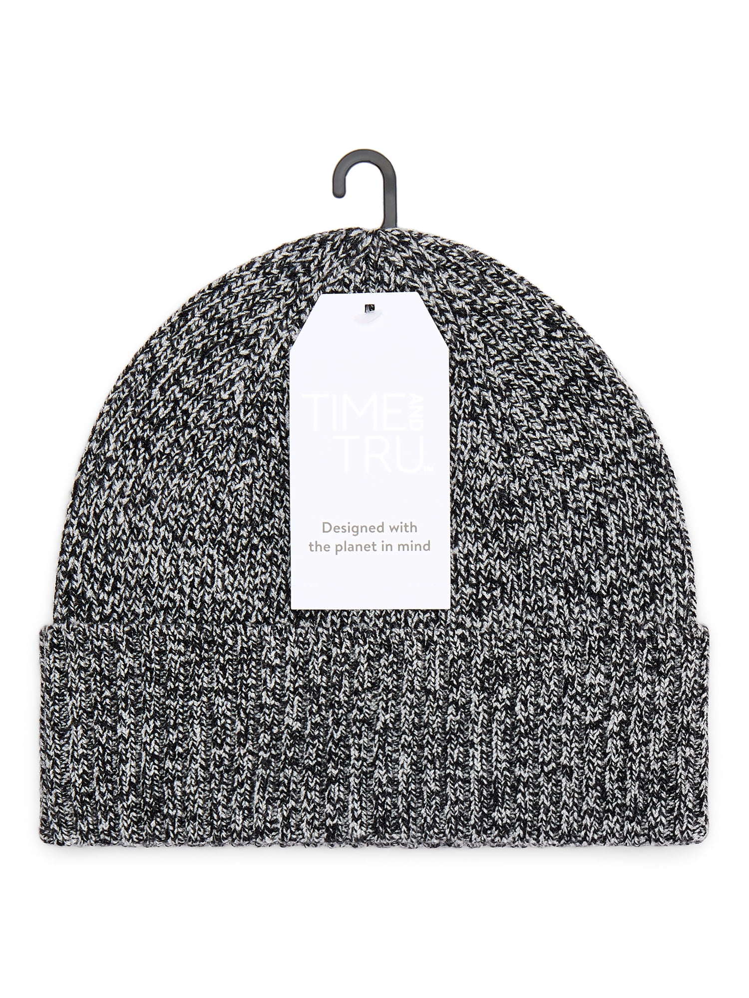 Time and Tru Women's Ribbed Beanie, Black Soot/Winter White