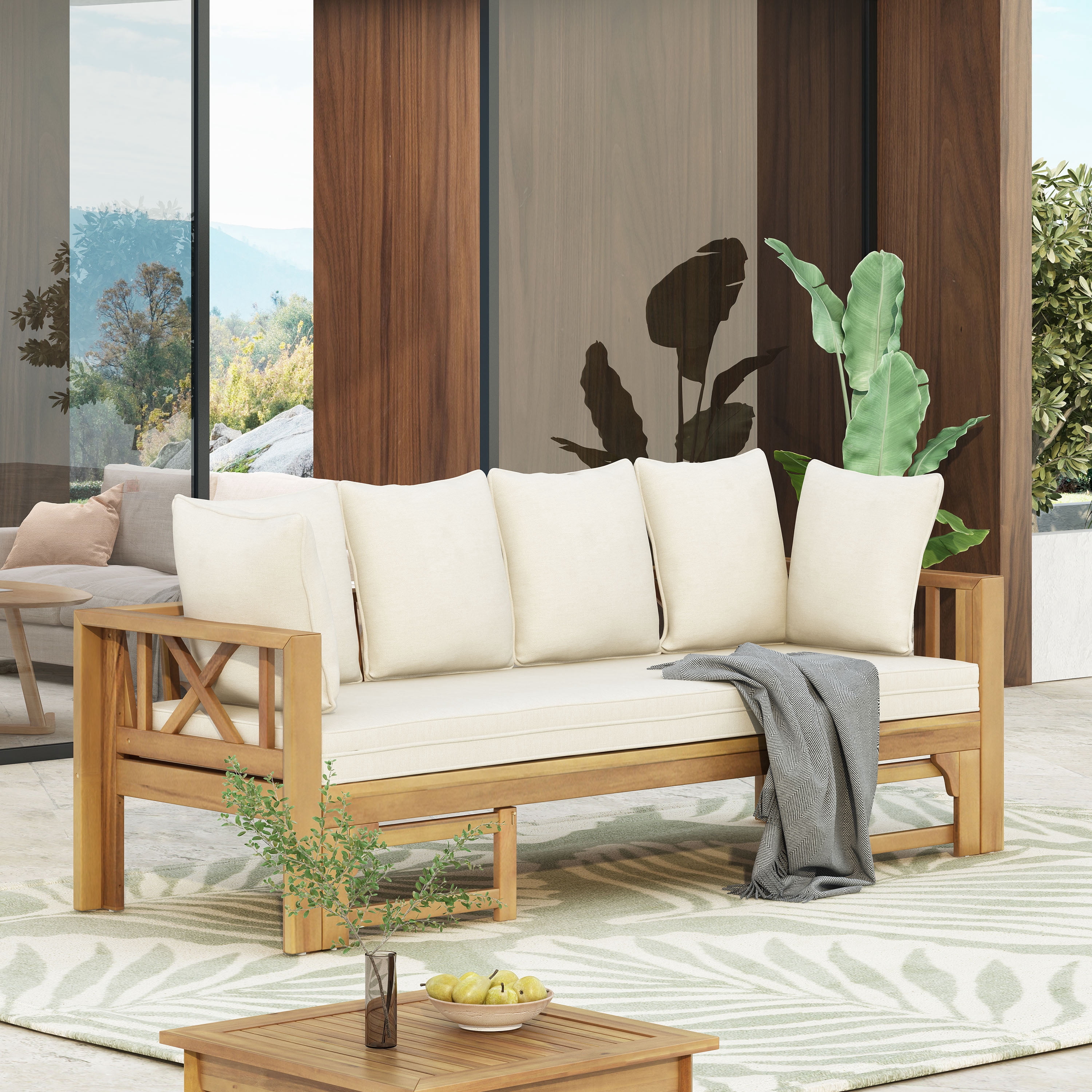 Outdoor 3 Seater Sofa Daybed, Extendable Acacia Wood Leisure Seat for Patio Garden Yard, Teak and Beige