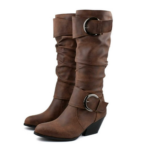 Amzcrzy Mid Calf Boots for Women Leather Face High Boots Thick Heels High Heels Belt Buckles Women's Boots Fashionable Knight Boots Women's Boots Shoes for Women Boots for Women Ladies Boots