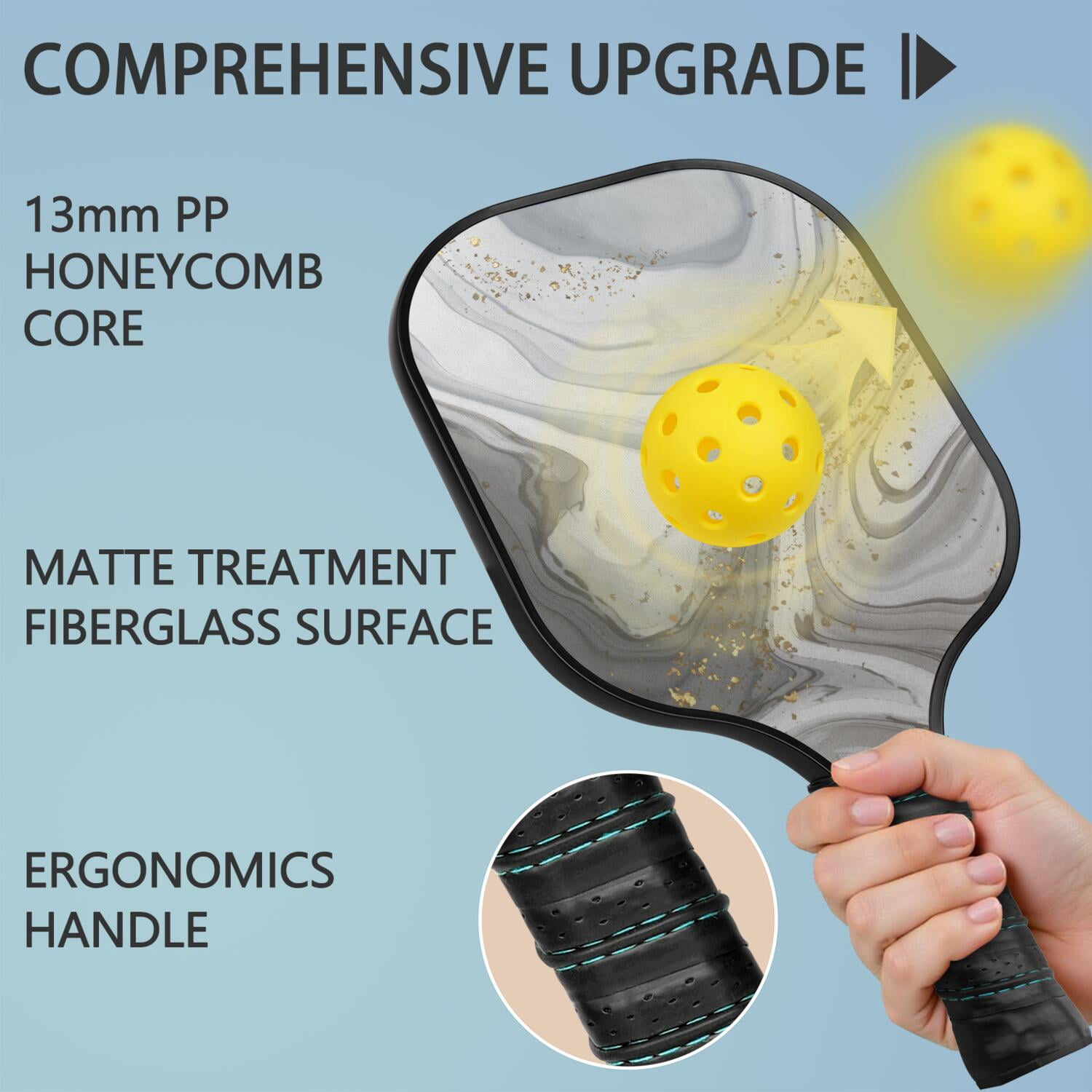 Pickleball Paddles Set Of 2, Fiberglass Surface, Turquoise Marble Pattern, 4 Balls & Bag