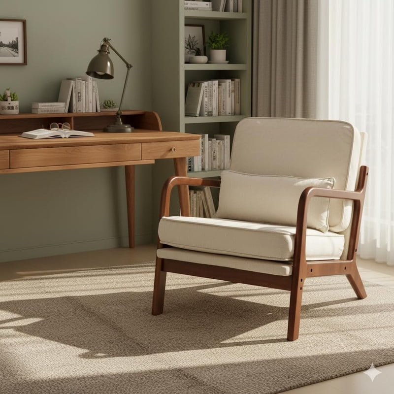 Simple Deluxe Accent Chair with Arms and Waist Pillow, Mid Century Modern Lounge Chair with Solid Wood Frame for Living Room, Bedroom, Cream