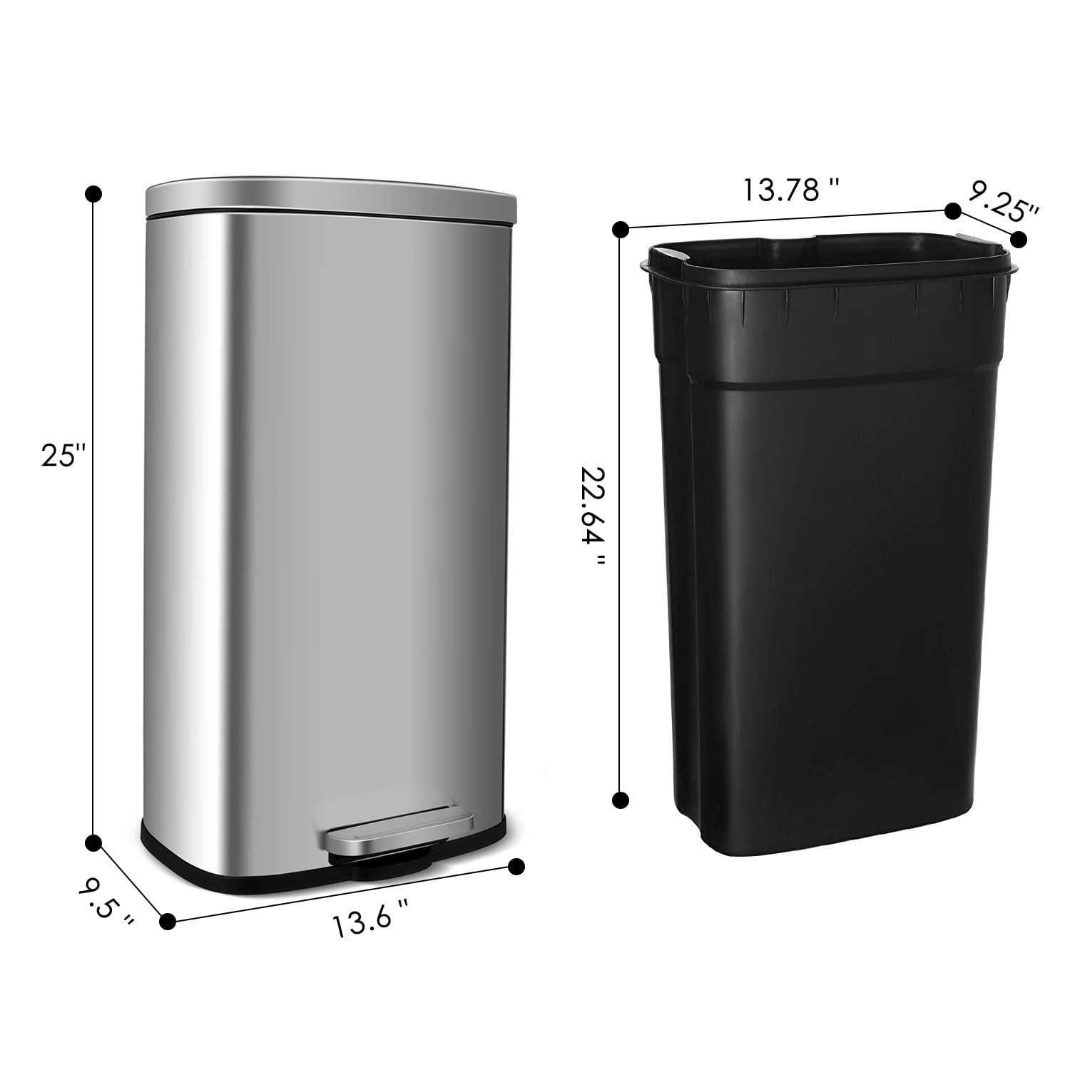 LAZY BUDDY 30 Liter 8 Gallon Trash Can with Foot Pedal, Stainless Steel  Kitchen Garbage Can with Lid, Home Office Wastebasket