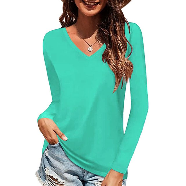 Innerwin Tee Long Sleeve Ladies T Shirt Fall Solid Color Casual T-shirt Green L