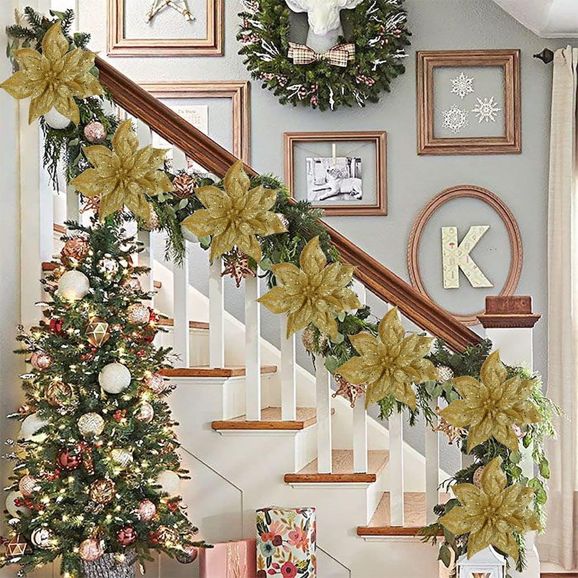 Briful 9'' Christmas Poinsettia Flowers 8PCS Glitter Artificial Flowers Large Christmas Ornament Flowers for Xmas Tree Wreath Garland Decoration Gold