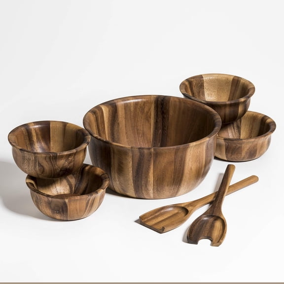 Kalmar Home Acacia Wood Large Round Salad Bowl with Servers and  4 Individuals,
