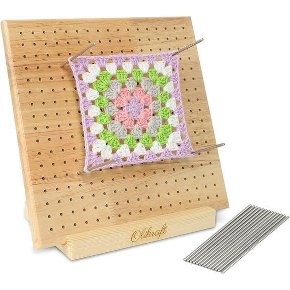 Standard Crochet Blocking Board with 15 pins – Bamboo Wood, 0.5" Spacing – Perfect for Granny Squares, Essential Crochet Supplies, Blocking Boards for Crochet Projects, Crochet Accessories (8 inches)