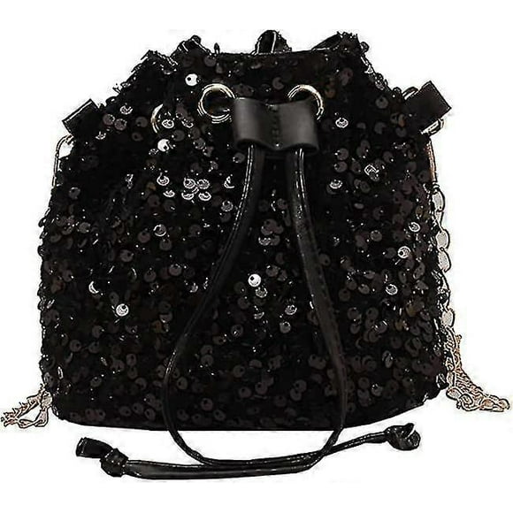 Fashion Sequin Bucket Shoulder Bag Women Chain Crossbody Drawstring Handbag