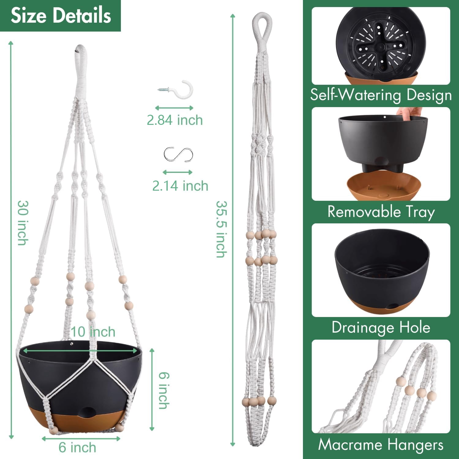 Diigabo 2-Pack 10-inch Self-Watering Hanging Planters with Macrame Hanger Indoor Plastic Plant Pots with Drainage Hole&Saucers Flower Baskets for Outdoor Garden Home Ceiling Decor(Black)