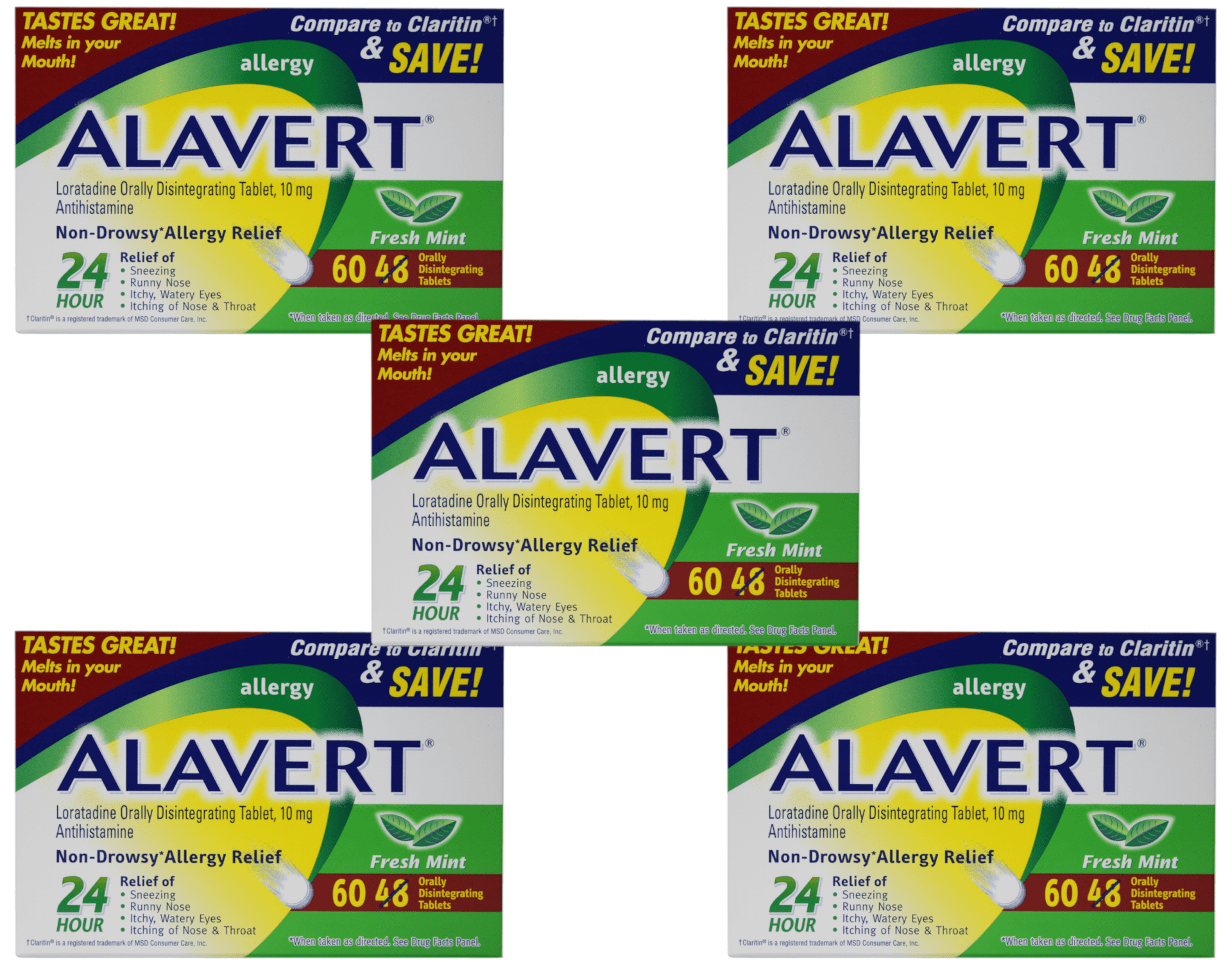 Alavert Quick Dissolving NonDrowsy Allergy Relief Tabs Fresh Mint 60 Count Pack of 5